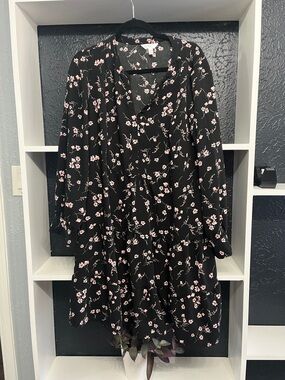 Black Floral Long Sleeve Babydoll Dress - Pink Blossom Print XL